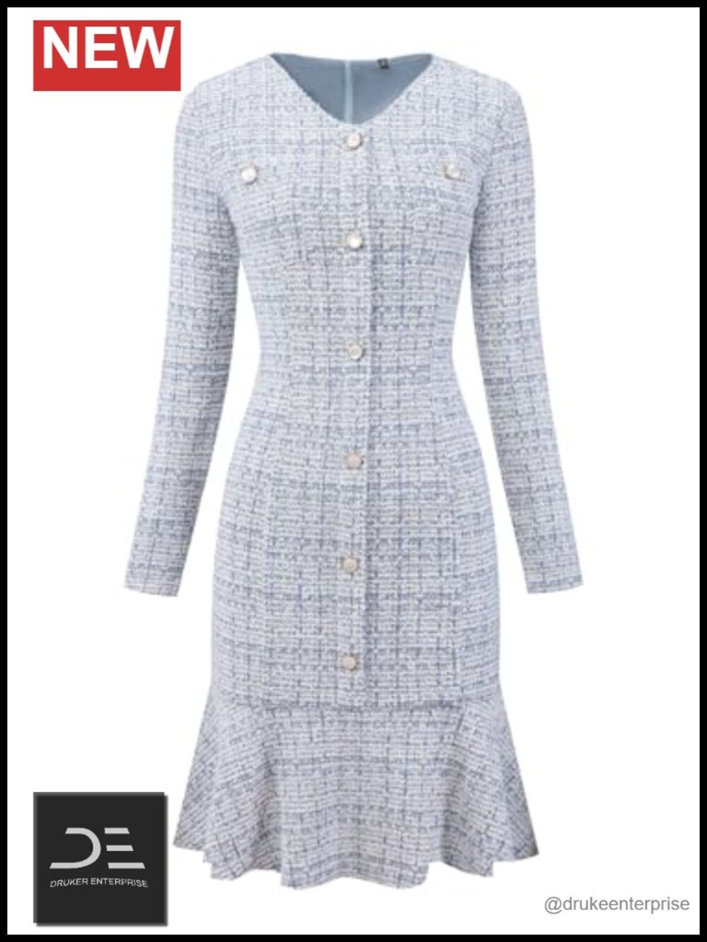 Women's Tweed Midi Dress Long Sleeve Bodycon Fishtail Formal Cocktail